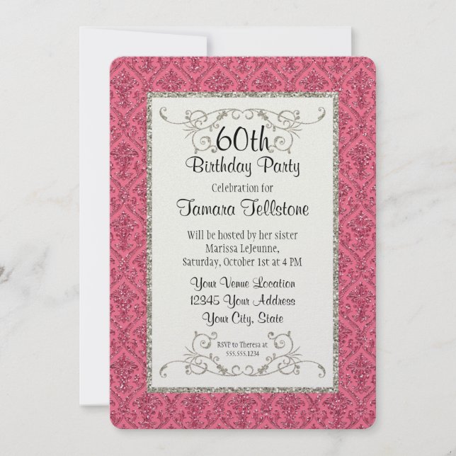 60th Birthday Faux Gold Glitter Damask Pattern Invitation (Front)