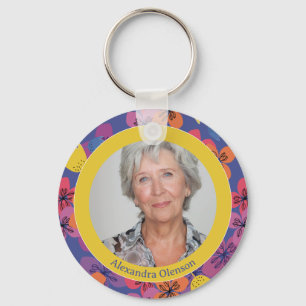 60th birthday floral blue colourful elegant photo key ring
