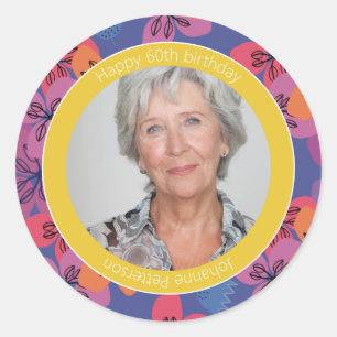 60th birthday floral blue colourful elegant Sticke Classic Round Sticker