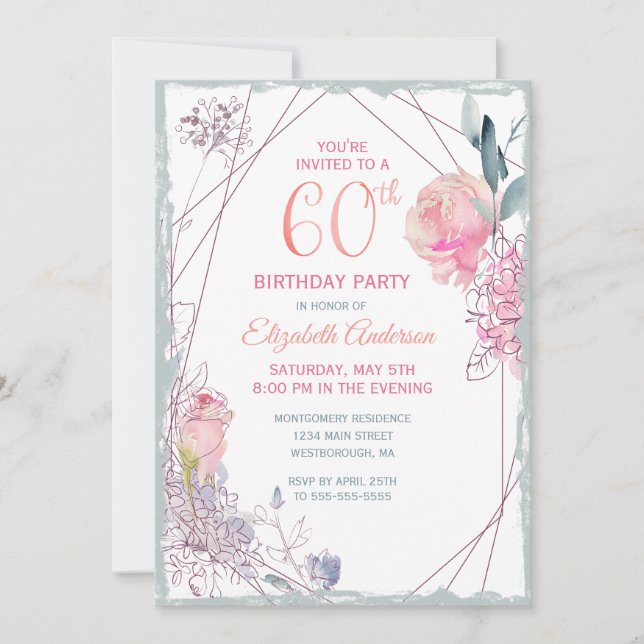 60th Birthday Floral Blush Rose Watercolor Party Invitation (Front)