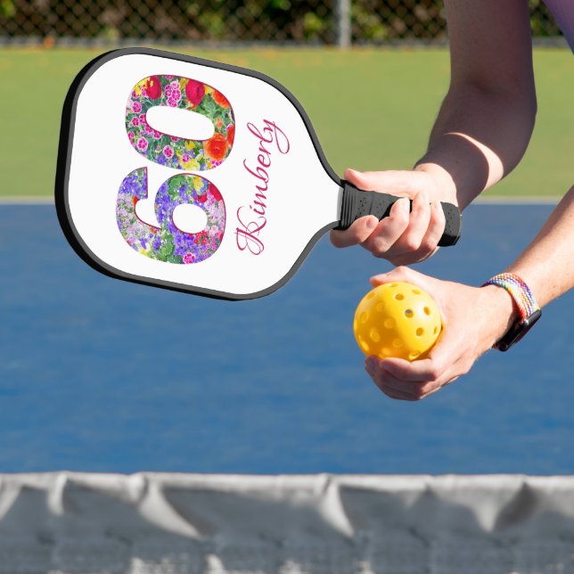 60th birthday floral design pickleball paddle (Insitu)
