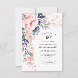 60th Birthday Floral Dusty Blue Pink Invitation