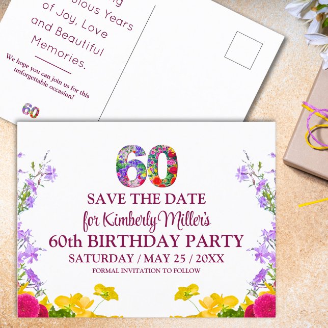 60th birthday floral modern 60 years party postcard (Creator Uploaded)