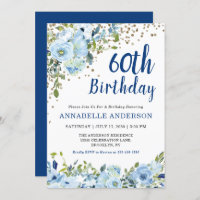 60th Birthday Floral Navy Blue Gold Glitter Dots
