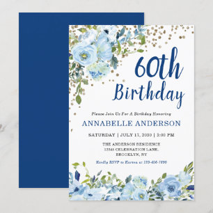 60th Birthday Floral Navy Blue Gold Glitter Dots Invitation