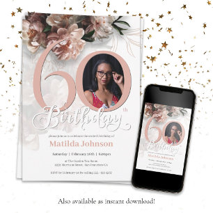 60th Birthday Floral Pink Custom Photo Elegant Invitation