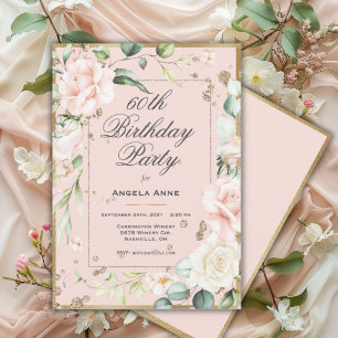 60th Birthday Floral Pink Gold Watercolor Floral Invitation