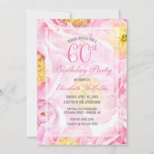 60th Birthday Floral Pink Peony Watercolor Party Invitation