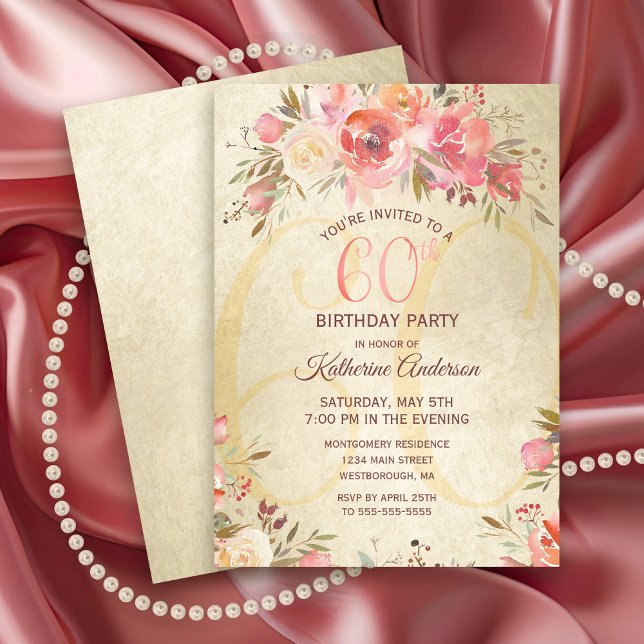 60th Birthday Floral Pink Roses Gold Shimmer Party Invitation (Elegant Pink Roses with Gold Shimmer 60th Birthday Party Invitation)