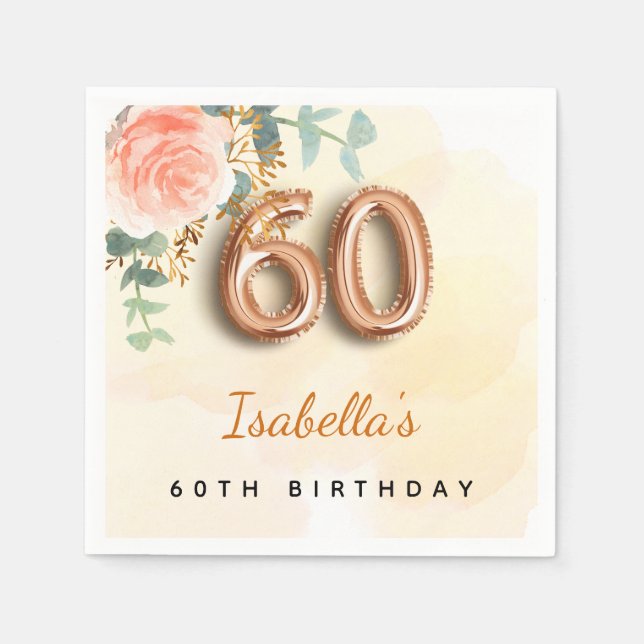 60th birthday floral rose gold eucalyptus monogram napkin (Front)
