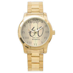 60th Birthday for Her Sixty Black Sparkle Gold  Watch