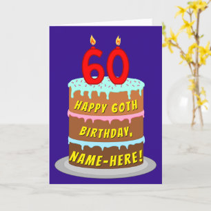60th Birthday: Fun Cake and Candles + Custom Name Card