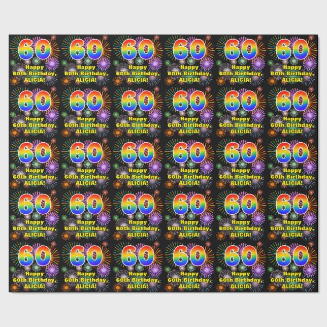 60th Birthday: Fun Fireworks, Rainbow Look # “60” Wrapping Paper (Seam)