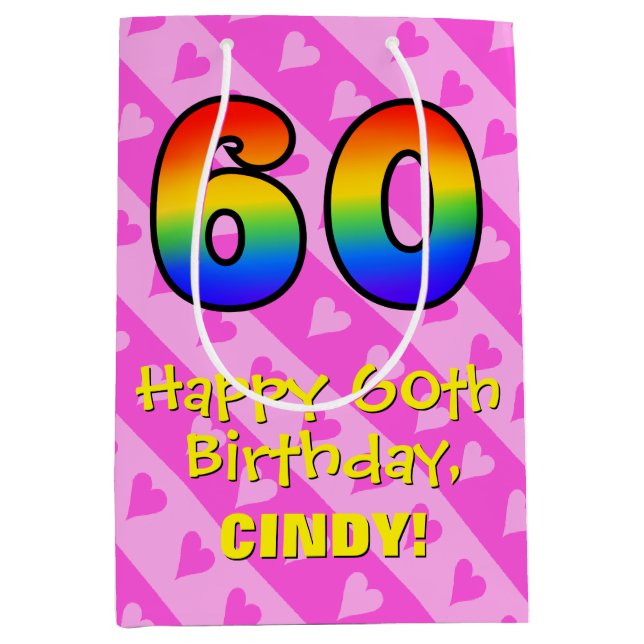 60th Birthday: Fun Pink Hearts Stripes; Rainbow 60 Medium Gift Bag (Front)
