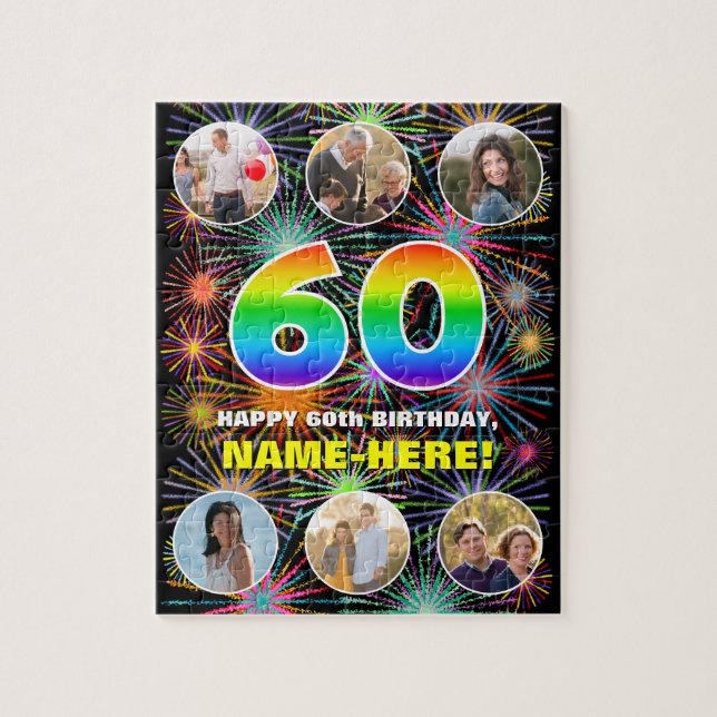 60th Birthday: Fun Rainbow #, Custom Name + Photos Jigsaw Puzzle (Vertical)