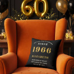 60th Birthday Gift Personalized 1966 Black Gold Cushion<br><div class="desc">Celebrate a remarkable milestone with this elegant and modern Personalized 60th Birthday Throw Pillow, the perfect gift for someone born in 1966 This custom accent pillow features the striking, bold text "BORN 1966", for that person loved for 60 years (and counting) and allows you to add a custom name (e.g.,...</div>