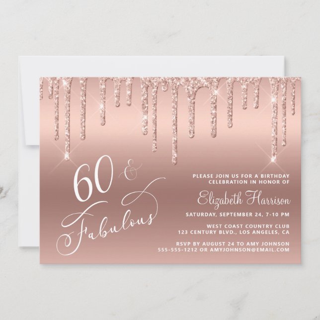 60th Birthday Glitter Rose Gold Invitation (Front)