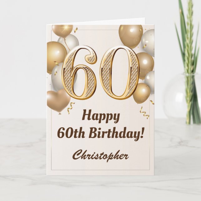 60th Birthday Gold Balloons and Confetti Birthday Card (Front)