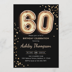 60th Birthday - Gold Balloons Black Invitation