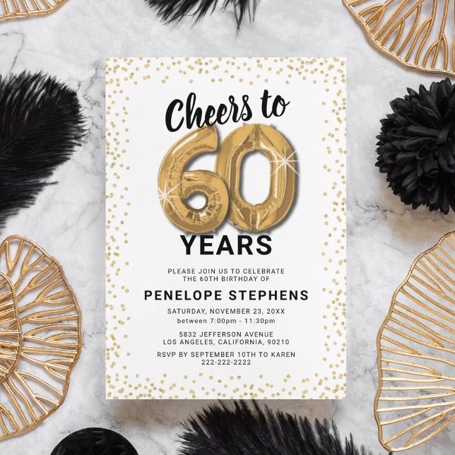 60th Birthday Gold Balloons Invitation (Creator Uploaded)