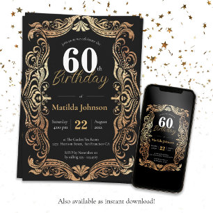 60th Birthday Gold Black Boho Glamourous Elegant Invitation