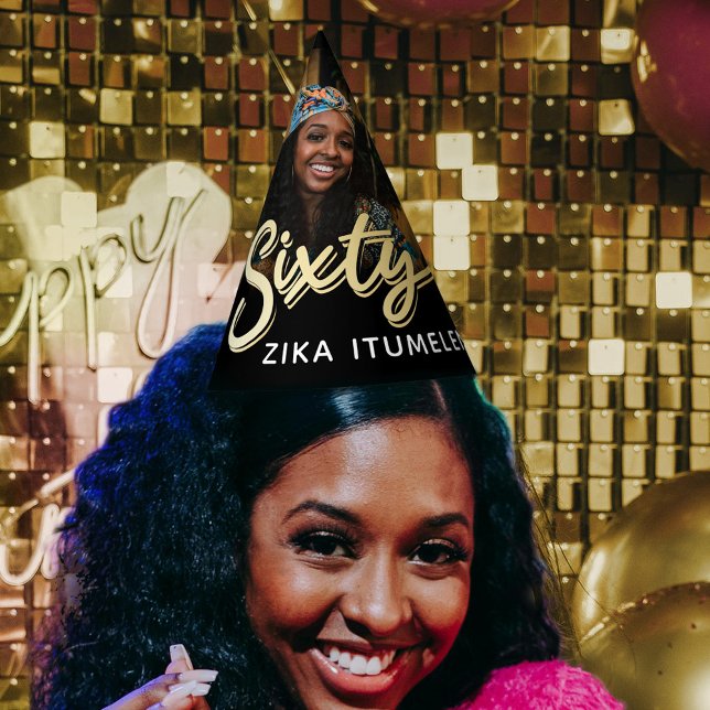 60th birthday gold black personalised photo name party hat (Creator Uploaded)