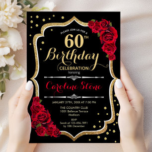 60th Birthday - Gold Black Red Roses Invitation