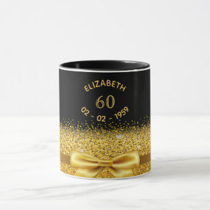 60th birthday gold bow black name sparkle age mug