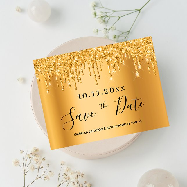60th birthday gold glitter details save the date postcard (Creator Uploaded)