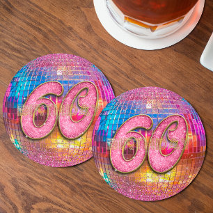 60th Birthday Gold Pink Glitter Dancing Disco Ball Round Paper Coaster