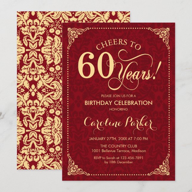 60th Birthday - Gold Red Damask Invitation (Front/Back)