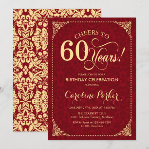 60th Birthday - Gold Red Damask Invitation