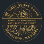 60th Birthday Gold Rose Return Address Label<br><div class="desc">Add a special touch to all your 60th Birthday invitation envelopes with this elegant round design. It features a bouquet of gold roses in the centre. Open line art gives it a vintage botanical vibe. The birthday celebrant's name and 60th birthday party are written across the centre. Your address is...</div>