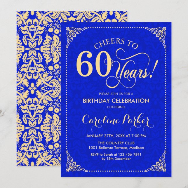 60th Birthday - Gold Royal Blue Damask Invitation (Front/Back)