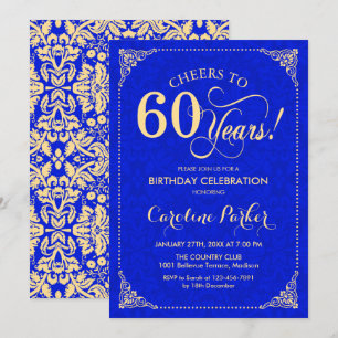 60th Birthday - Gold Royal Blue Damask Invitation