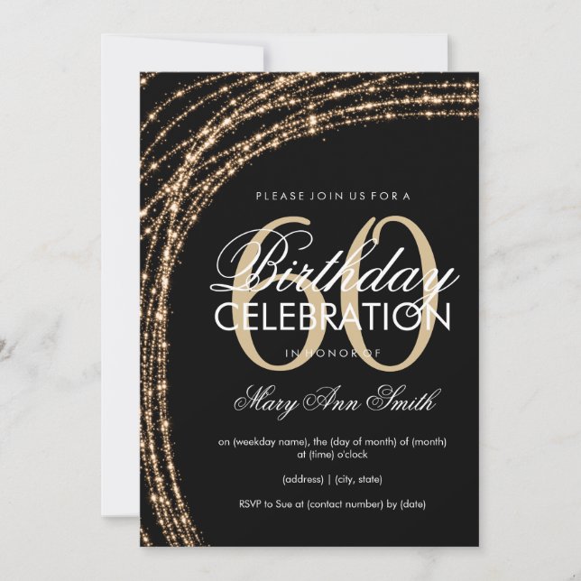 60th Birthday Gold Sparkling String Lights Invitation (Front)