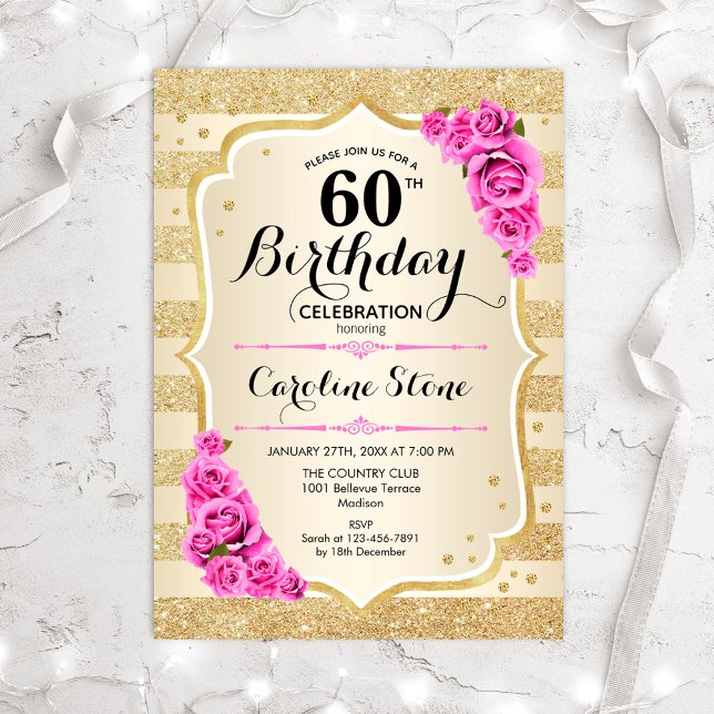 60th Birthday Gold Stripes Pink Roses Invitation (Creator Uploaded)