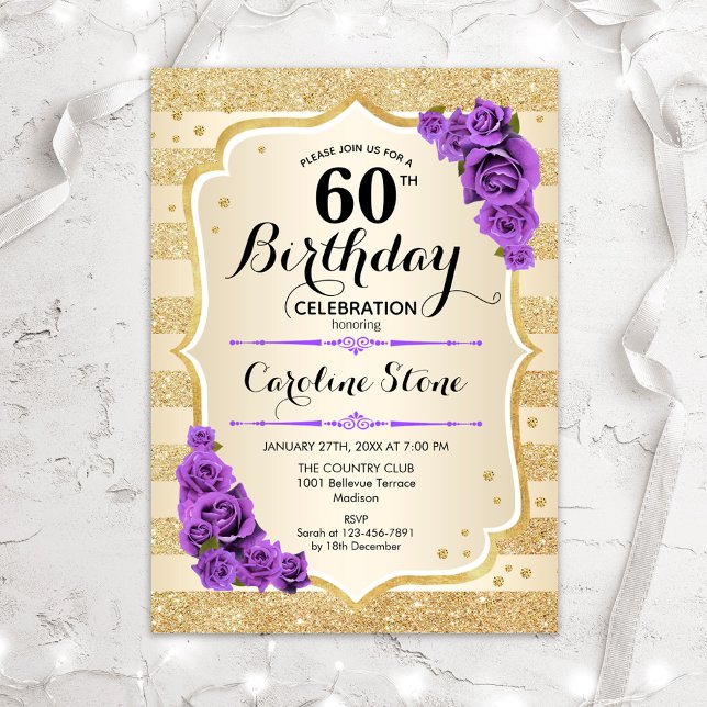 60th Birthday Gold Stripes Purple Roses Invitation (Creator Uploaded)