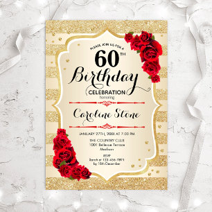 60th Birthday - Gold Stripes Roses Invitation