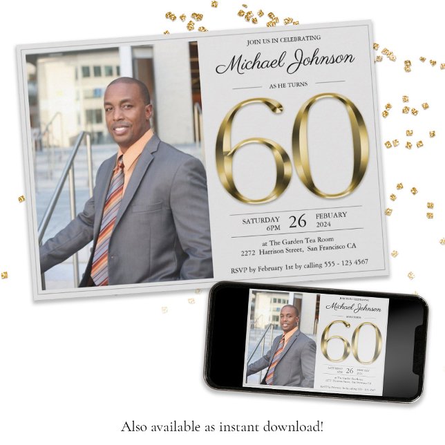 60th Birthday Gold Text Classy Grey Custom Photo Invitation (60th Birthday Gold Text Classy Gray Custom Photo Invitation)