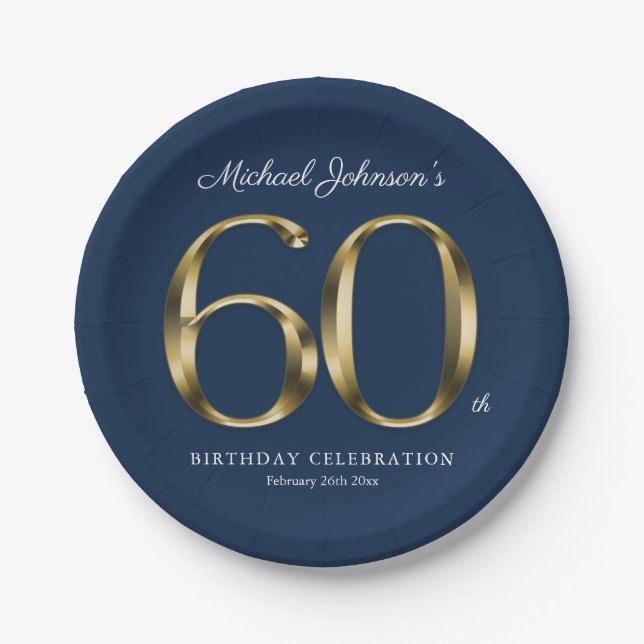 60th Birthday Gold Typography Navy Blue Custom Paper Plate (Front)
