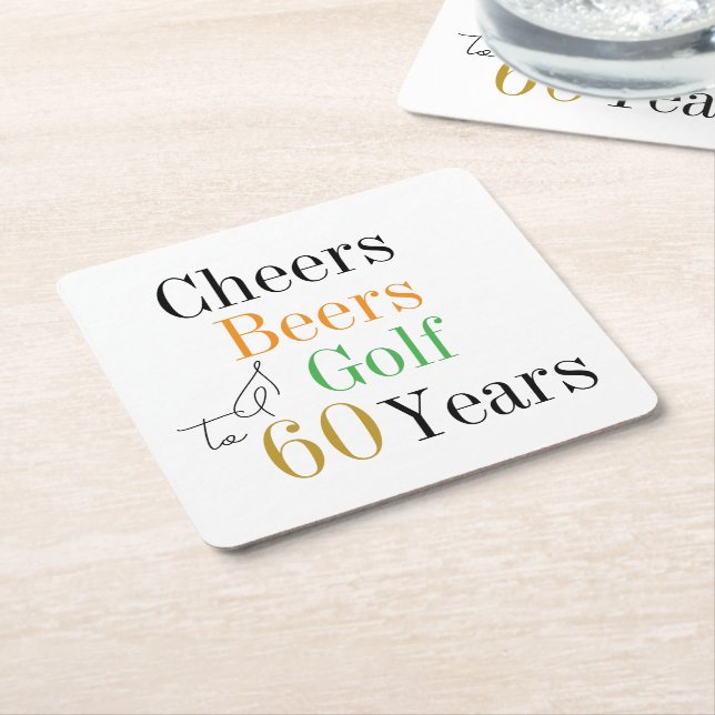 60th Birthday Golf Cheers Beers Minimal Party Square Paper Coaster (Angled)