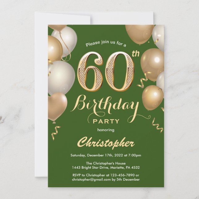 60th Birthday Green and Gold Balloons Confetti Invitation (Front)