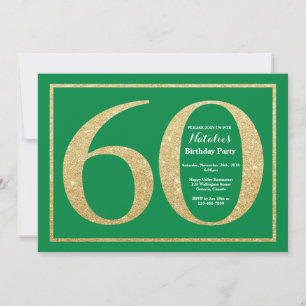 60th Birthday Green and Gold Glitter Invitation