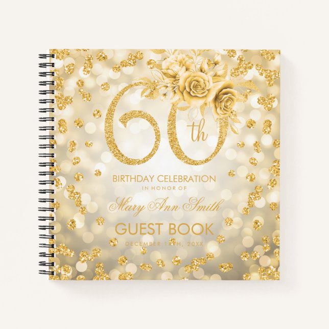 60th Birthday Guestbook Gold Glam Lights Notebook (Front)