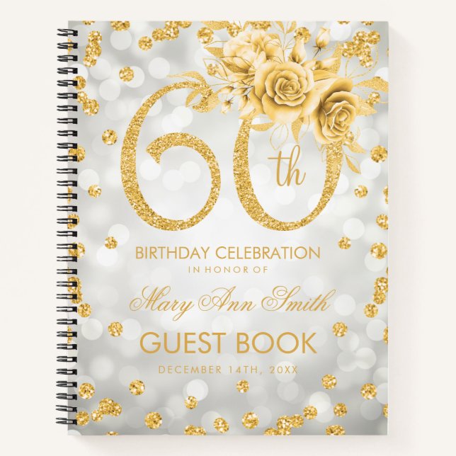 60th Birthday Guestbook Gold Silver Glam Lights Notebook (Front)