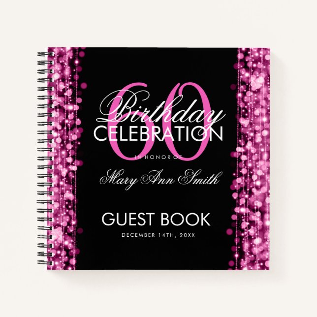 60th Birthday Guestbook Party Sparkles Pink Notebook (Front)
