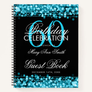 60th Birthday Guestbook Party Sparkles Teal Blue Notebook