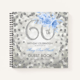 60th Birthday Guestbook Silver Blue Glam Lights Notebook