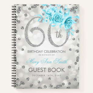 60th Birthday Guestbook Silver Glam Lights Teal Notebook
